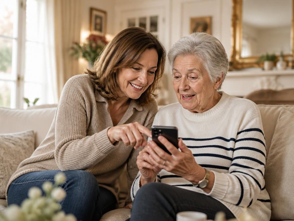 Une femme aide sa mère à ouvrir Kizuna sur son téléphone