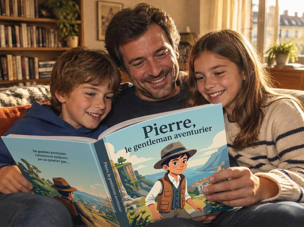 Un papa et ses deux enfants découvrent ensemble la BD créée à partir du récit